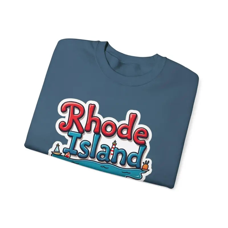 Folded blue t-shirt featured with Rhode Island Graphic Crewneck Sweatshirt