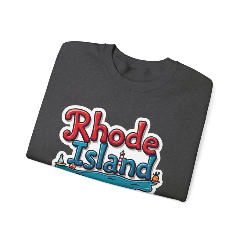 Folded gray t-shirt featuring Rhode Island graphic in a crewneck sweatshirt design