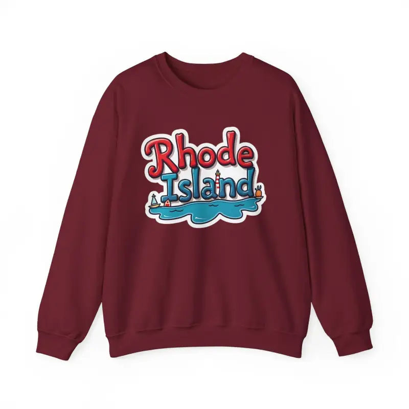 Maroon Rhode Island sweatshirt featuring a graphic design on a crewneck style
