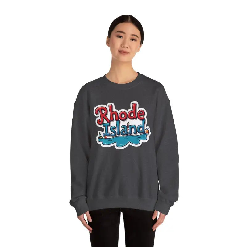 Gray Rhode Island Graphic Crewneck Sweatshirt displayed on a white background