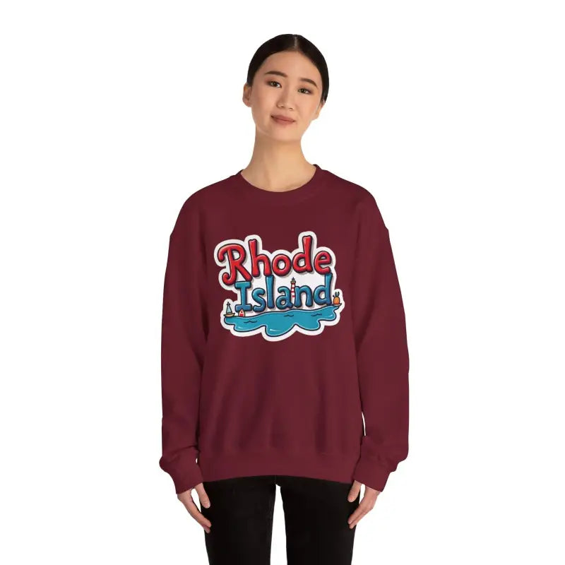 Maroon sweatshirt featuring a Rhode Island graphic for stylish casual wear