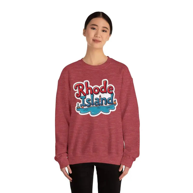 Maroon Rhode Island Graphic Crewneck Sweatshirt displayed on a neutral background