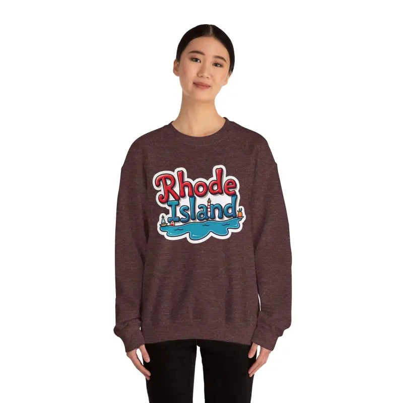 Maroon Rhode Island Graphic Crewneck Sweatshirt displayed on a neutral background
