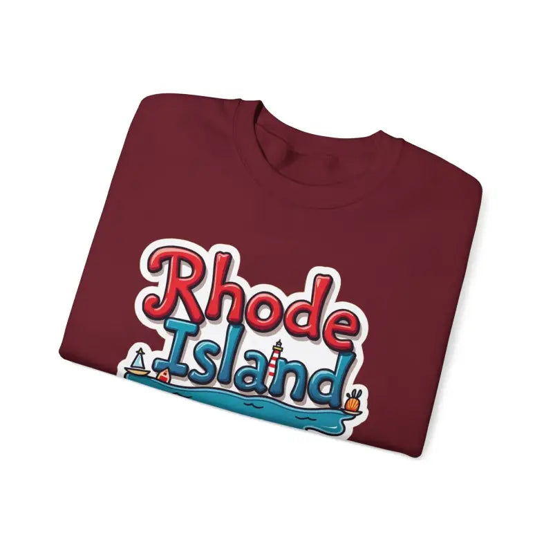 Maroon Rhode Island graphic crewneck sweatshirt displayed on a neutral background