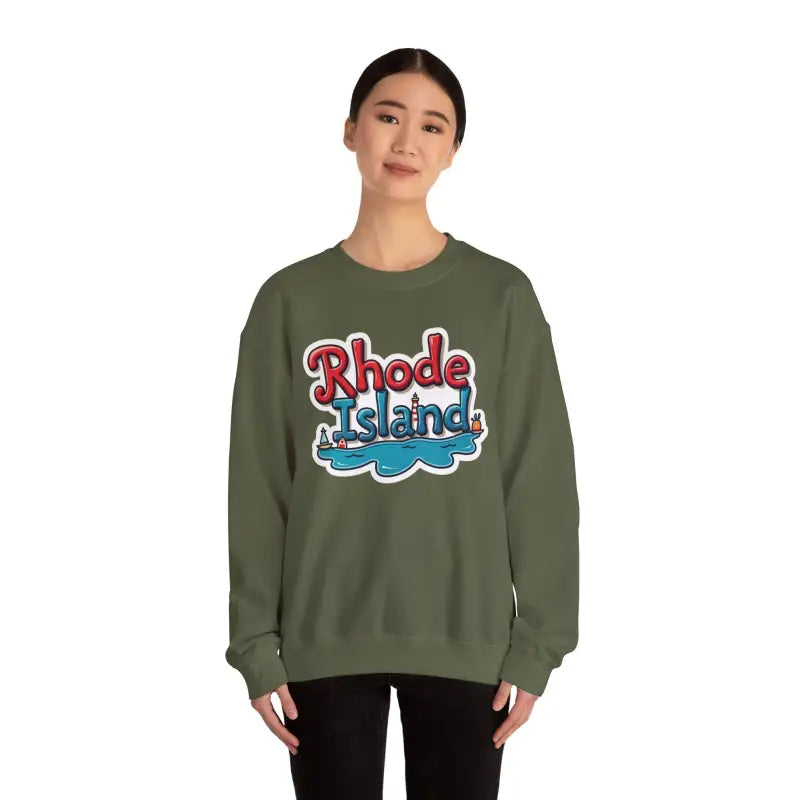 Olive green Rhode Island Graphic Crewneck Sweatshirt displayed on a mannequin