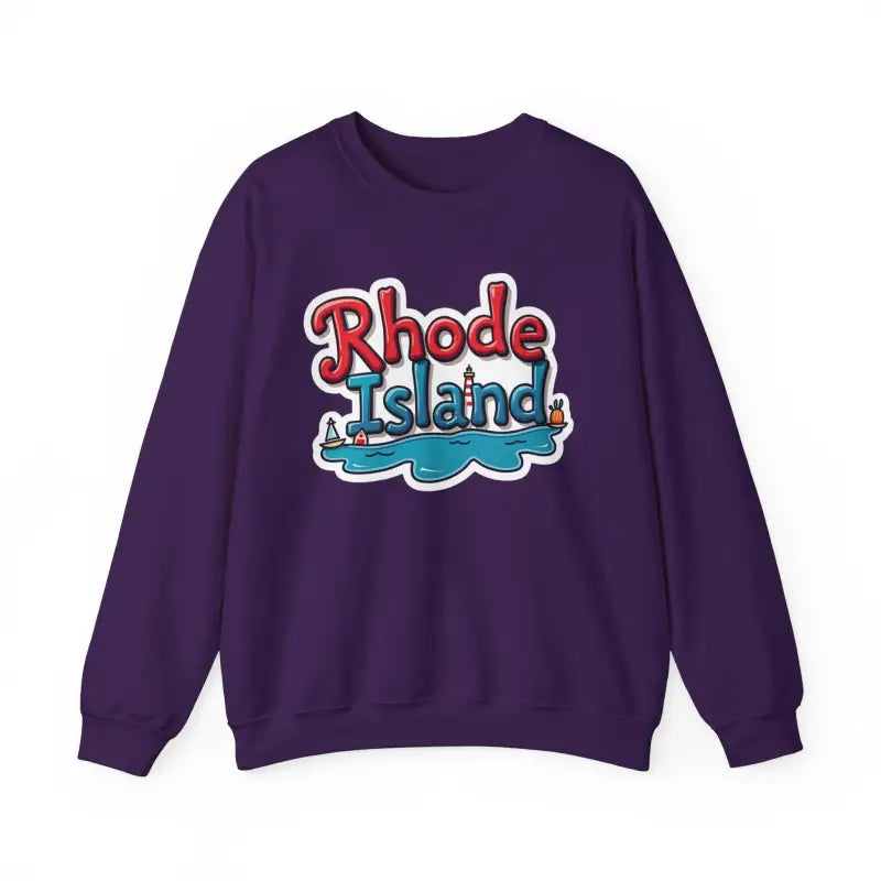 Purple sweatshirt featuring Rhode Island graphic, ideal for casual wear