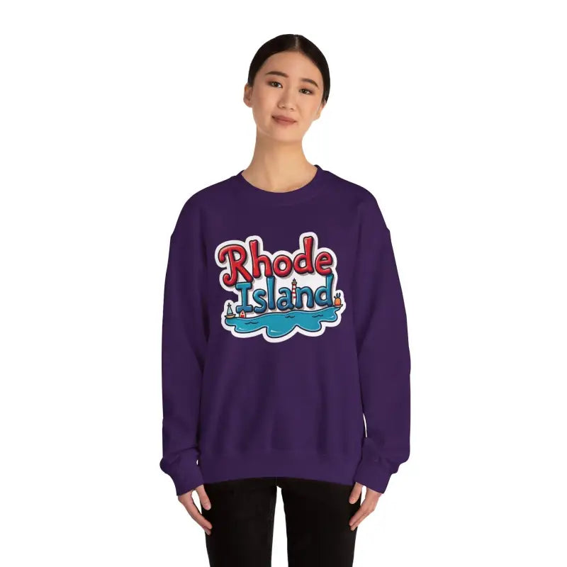 Purple sweatshirt featuring Rhode Island graphic for stylish comfort and casual wear