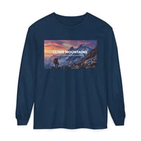 Navy blue long-sleeved crew-neck T-shirt with scenic mountain graphic for outdoor enthusiasts