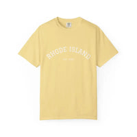 Pale yellow short-sleeve crew neck T-shirt with Rhode Island arched text displayed