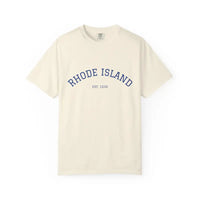 Cream-colored T-shirt with Rhode Island Established 1636 printed in blue, short sleeve crew neck style