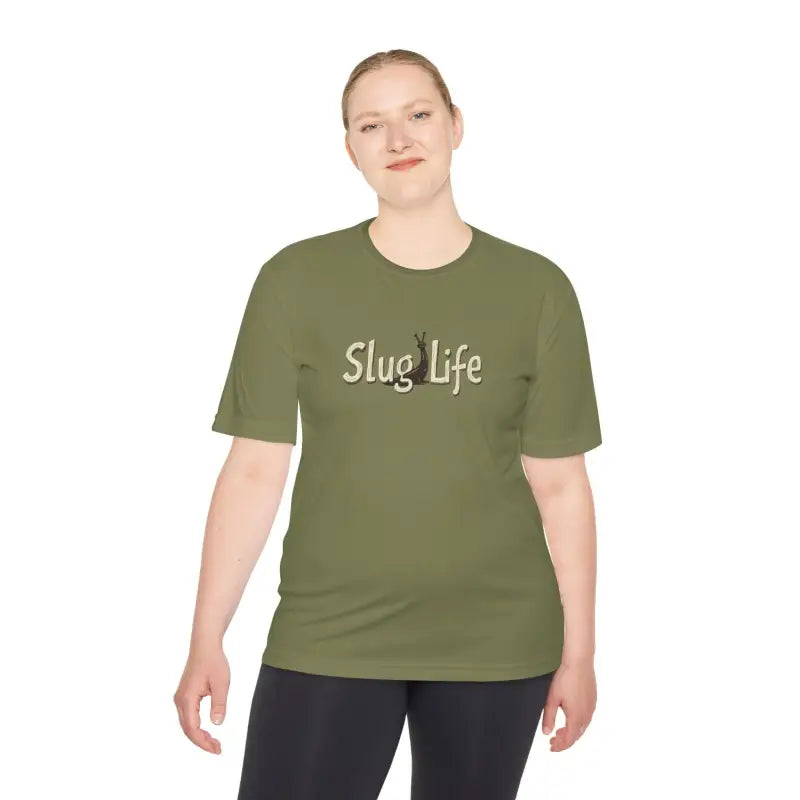 Olive green Slug Life Unisex Moisture Wicking Tee displayed on a neutral background