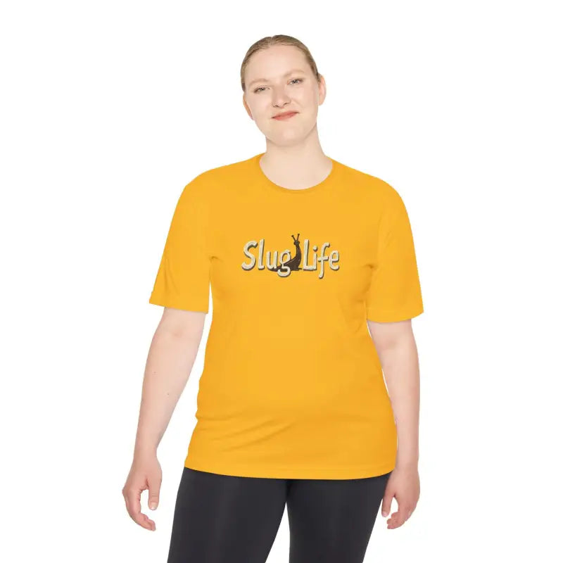 Yellow Slug Life graphic t-shirt in Unisex Moisture Wicking Tee design