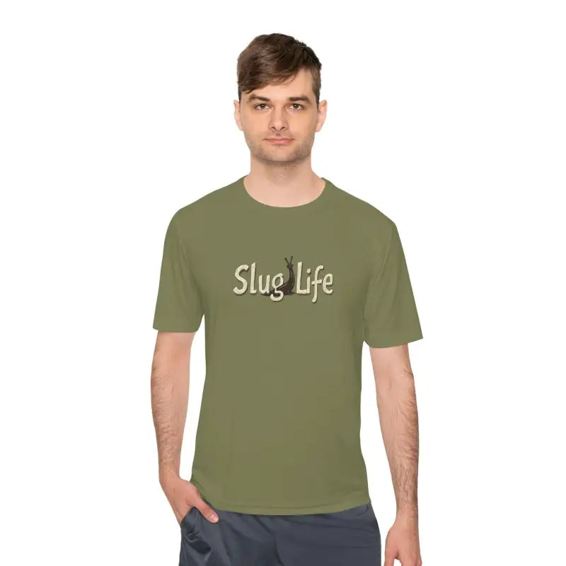Olive green Slug Life Unisex Moisture Wicking Tee displayed on a mannequin