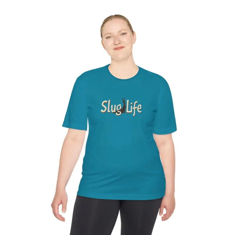 Teal Slug Life Unisex Moisture Wicking Tee featuring bold text design