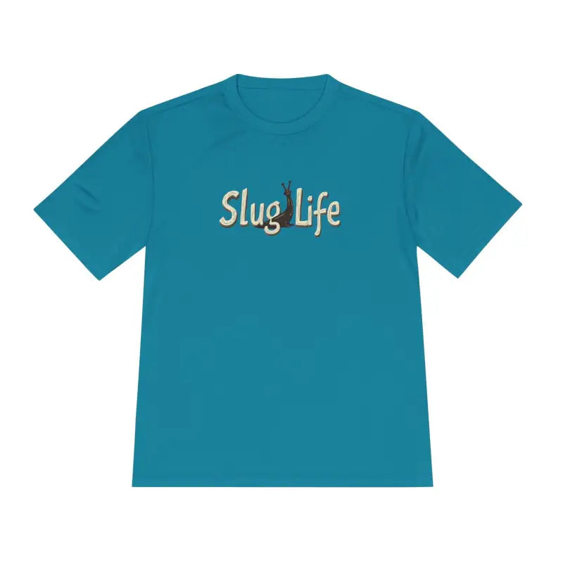 Teal Slug Life Unisex Moisture Wicking Tee featuring a vibrant graphic design