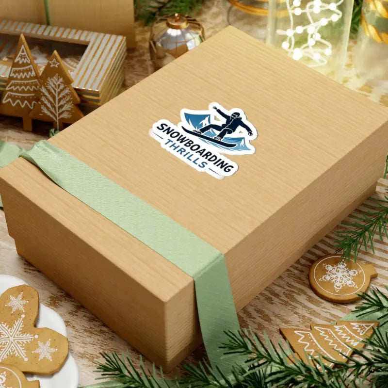 Wrapped gift box featuring Snowboarding Thrills Sticker for winter sports enthusiasts