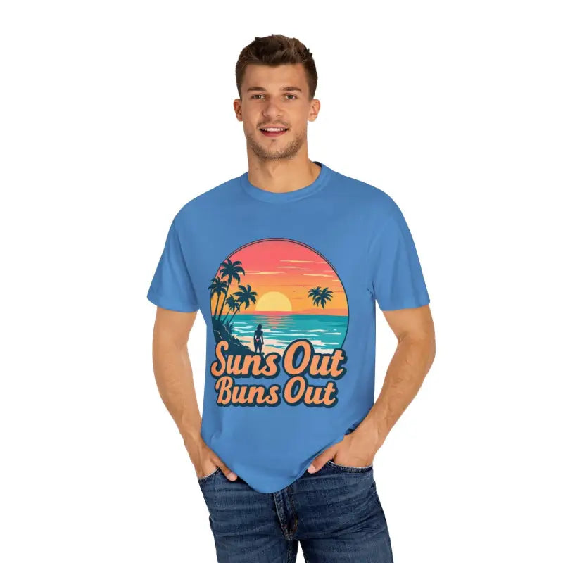 Blue t-shirt featuring beach graphic from Suns Out Buns Out Summer Collection