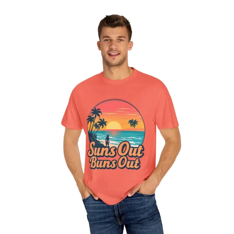 Coral t-shirt featuring beach graphic from Suns Out Buns Out Unisex Garment Dyed collection