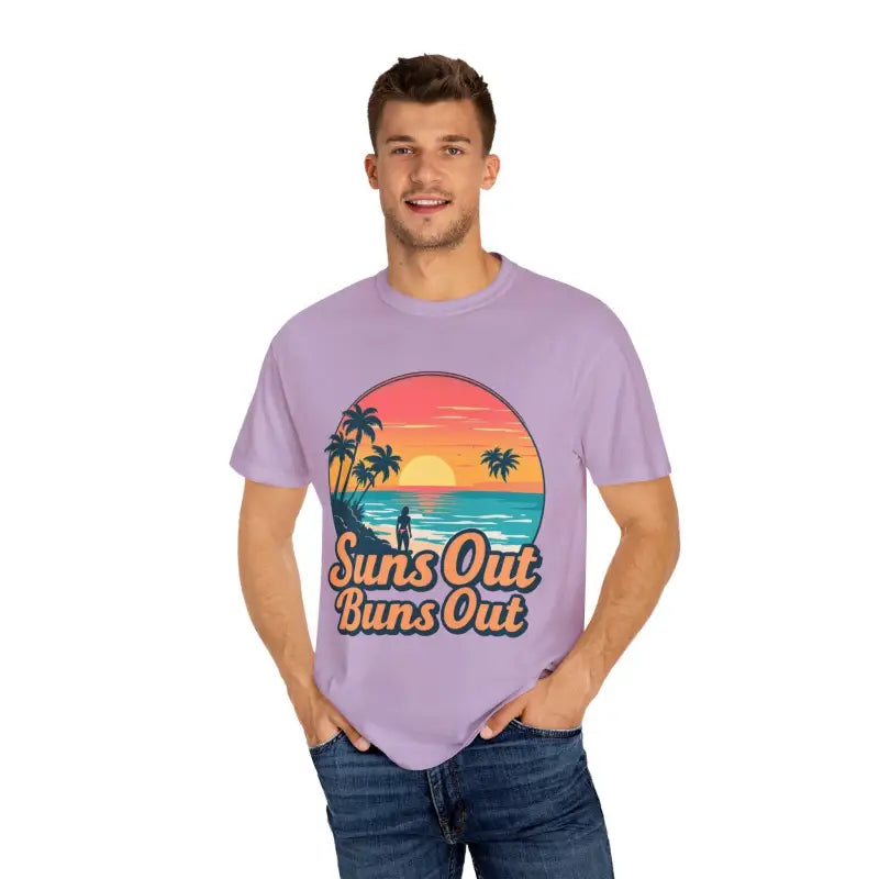 Lavender t-shirt featuring beach graphic from Suns Out Buns Out Summer Collection