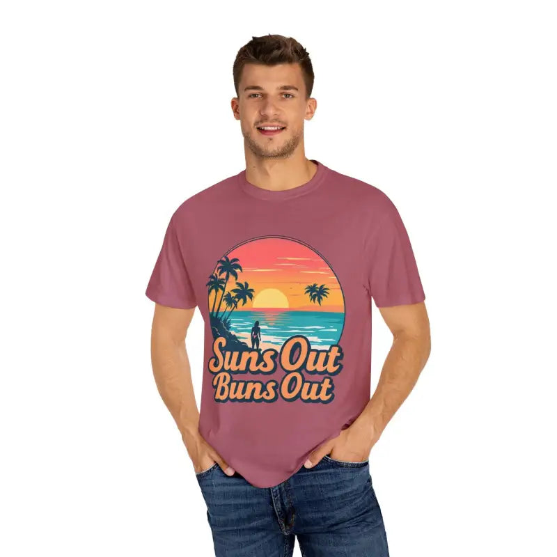 Mauve Suns Out Buns Out Unisex Garment Dyed Summer T Shirt with beach graphic