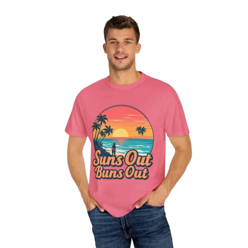 Pink Suns Out Buns Out Unisex T-shirt featuring a beach graphic for summer style
