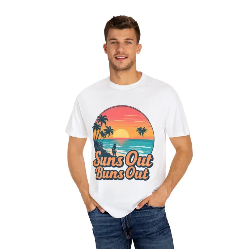 White t-shirt with beach graphic from Suns Out Buns Out Unisex Garment Dyed Summer T Shirt