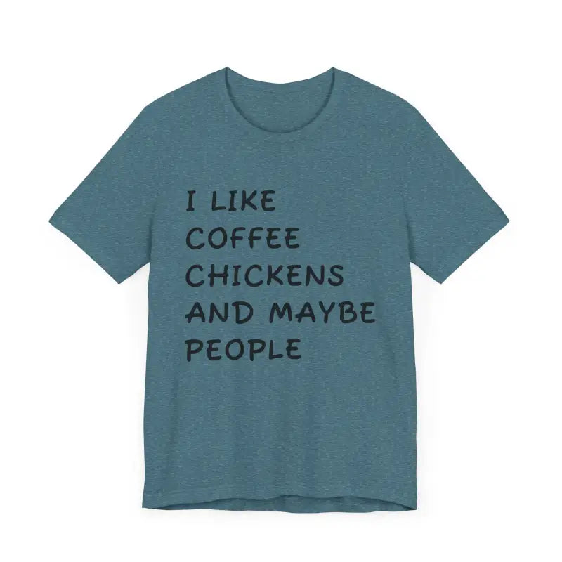 Unisex Funny Coffee and Chickens Tee in blue color displayed for online shopping