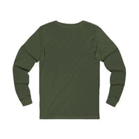Back view of dark olive green unisex long sleeve travel and adventure tee