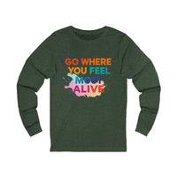 Dark green long-sleeve T-shirt with colorful graphic design for travel and adventure enthusiasts