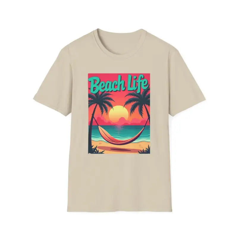 Beige t-shirt featuring a beach scene graphic for Vibrant Life’s a Beach collection