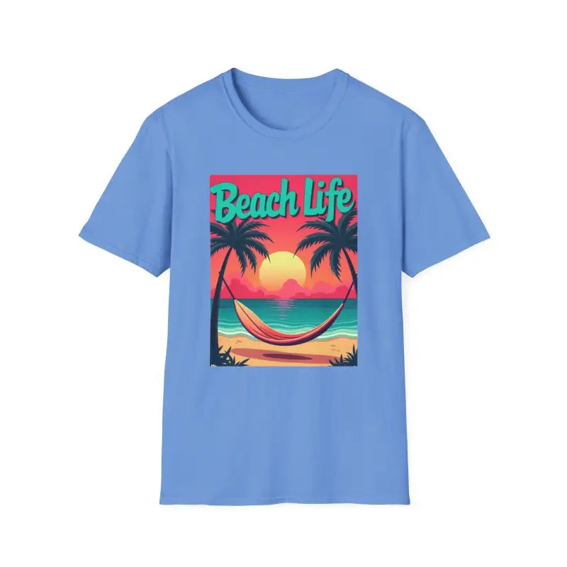 Blue T-shirt featuring a vibrant beach scene for summer beach lovers by Vibrant Life
