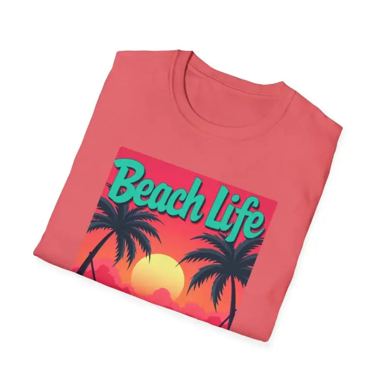Folded coral t-shirt featuring Beach Life graphic from Vibrant Life’s a Beach collection