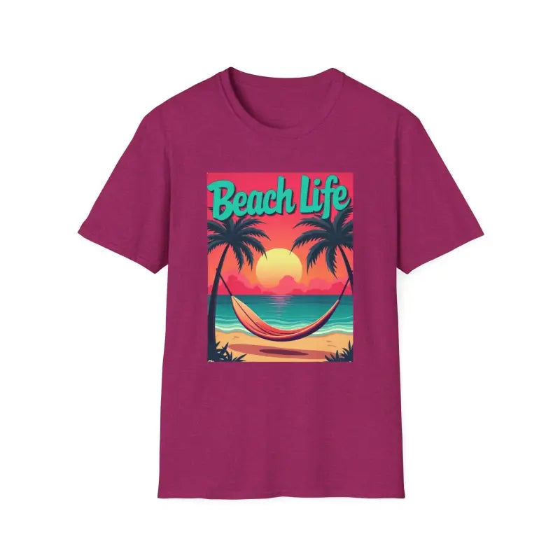 Magenta T-shirt featuring a beach scene graphic for summer beach enthusiasts