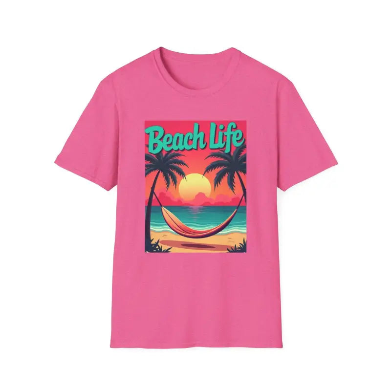 Pink t-shirt featuring a beach scene for summer beach lovers by Vibrant Life