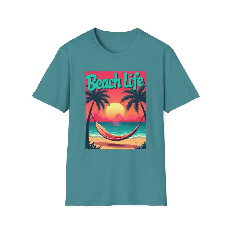 Teal t-shirt featuring a beach scene from Vibrant Life’s a Beach collection