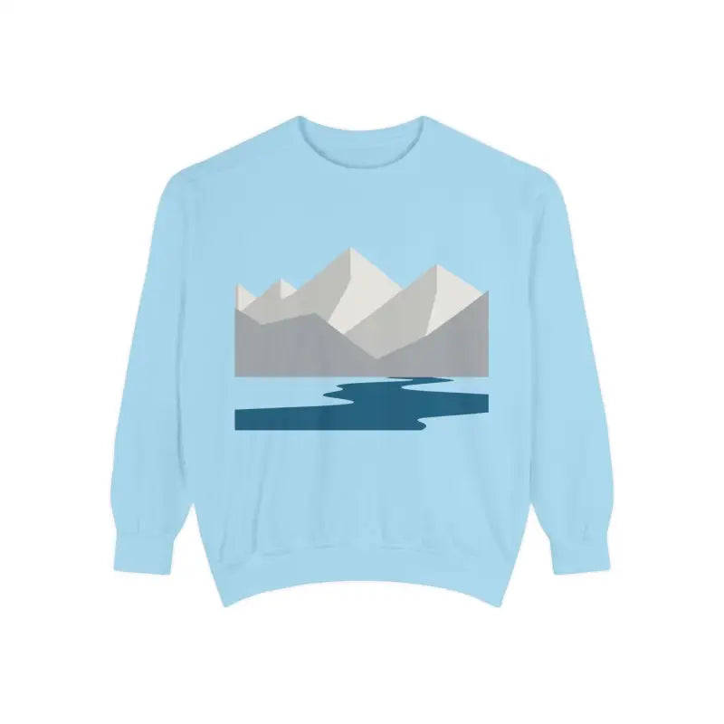 Light blue Mountain River Sweatshirt featuring a graphic of mountains and rivers