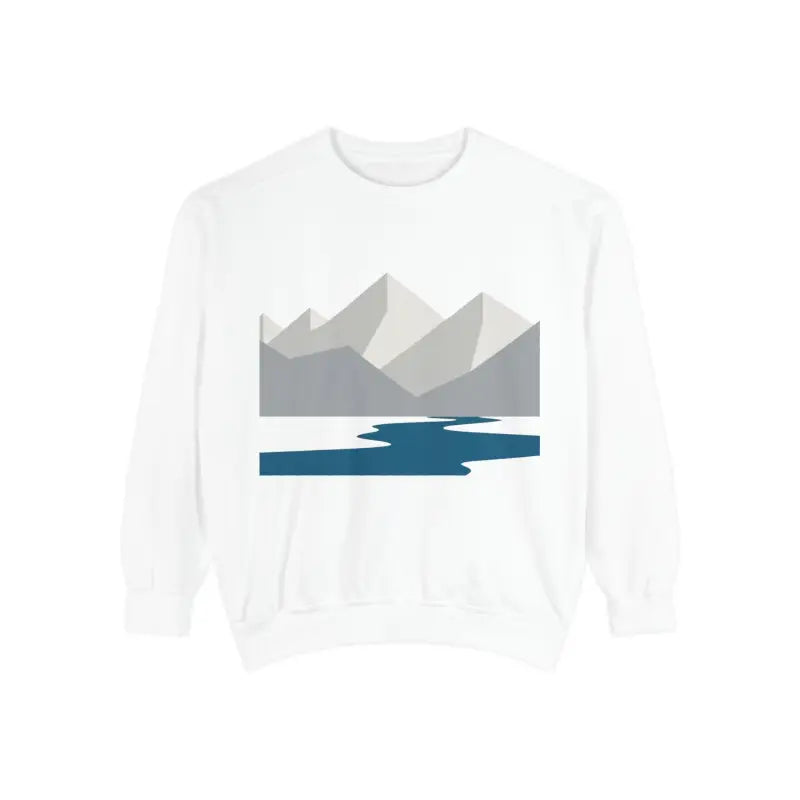 White sweatshirt featuring a mountain and river design for nature lovers and adventurers