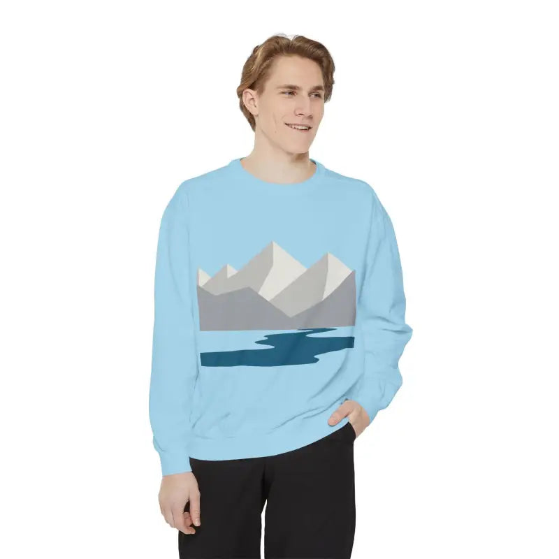 Light blue Mountain River Sweatshirt featuring mountain and lake design for nature lovers