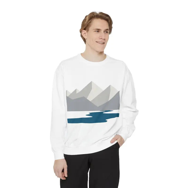 White Mountain River Sweatshirt featuring a scenic mountain and lake design
