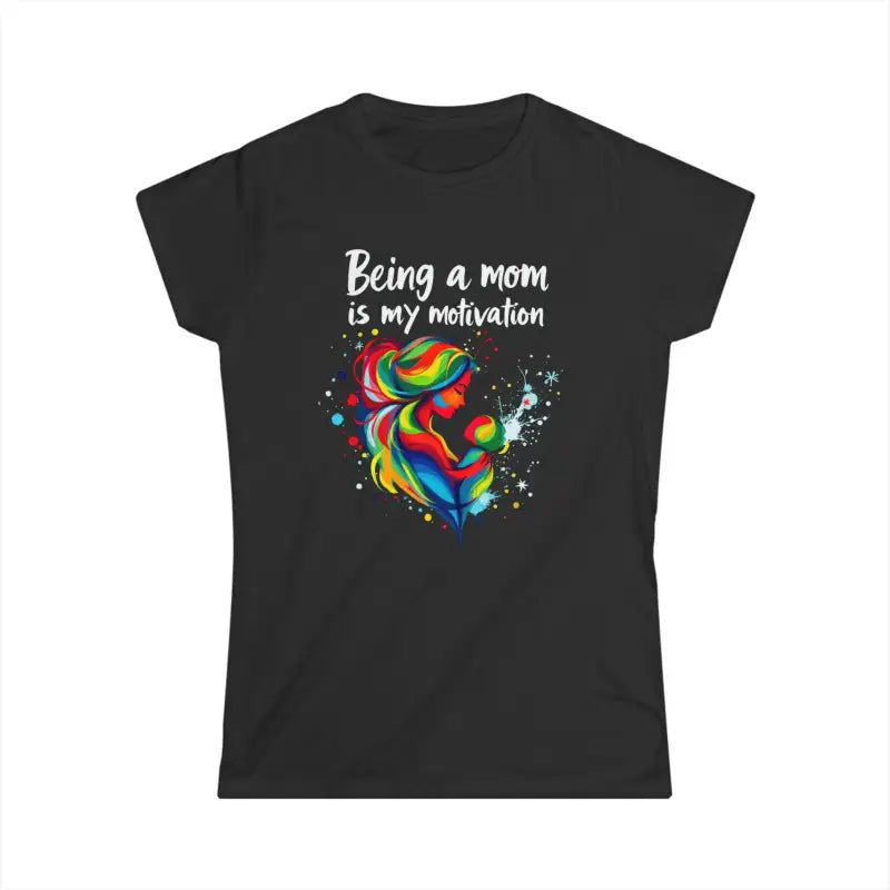 Black T-shirt featuring a colorful mother and child graphic for women