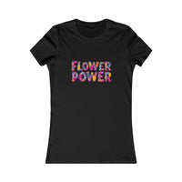 Black women’s T-shirt with colorful floral print and FLOWER POWER text for Women’s Floral Flower Power Print T Shirt