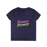 Dark blue women’s V neck T shirt with Flower Power in colorful patterned text