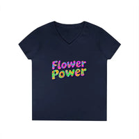 Navy blue women’s V neck T shirt with Flower Power in colorful textured letters