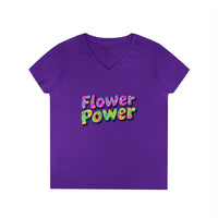 Purple V-neck T-shirt featuring Flower Power graphic for Women’s V Neck Flower Power T Shirt