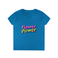 Blue women’s V-neck T-shirt with Flower Power graphic from Women’s V Neck Flower Power T Shirt collection