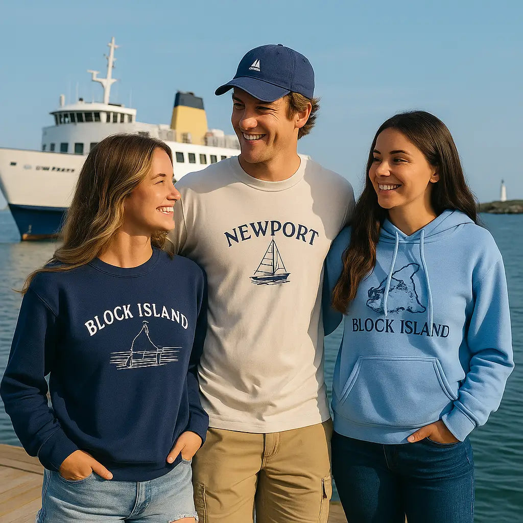 🚤 Block Island & Newport Styles — ferry in background, group of friends in casual coastal wear.
