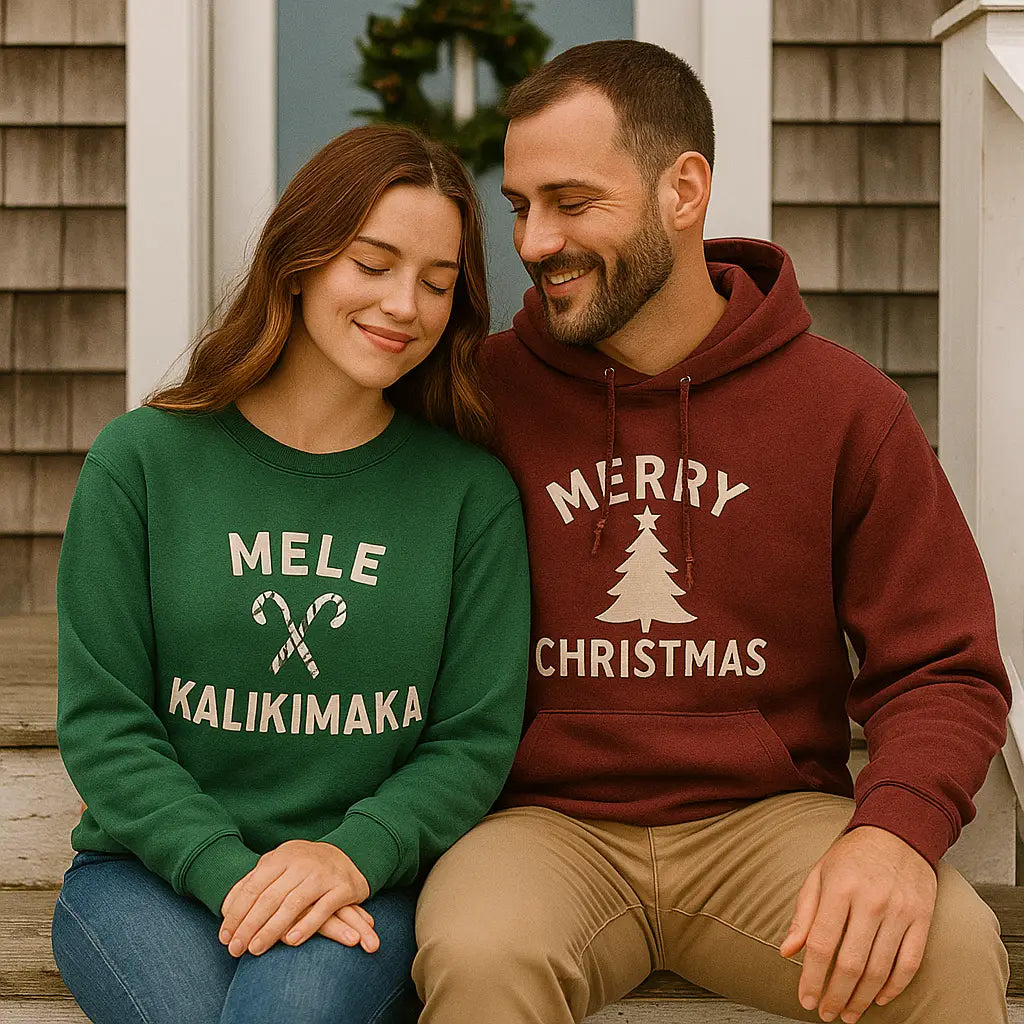 female wearing green sweatshirt and male wearing a hoodie, sitting on stairs outside house