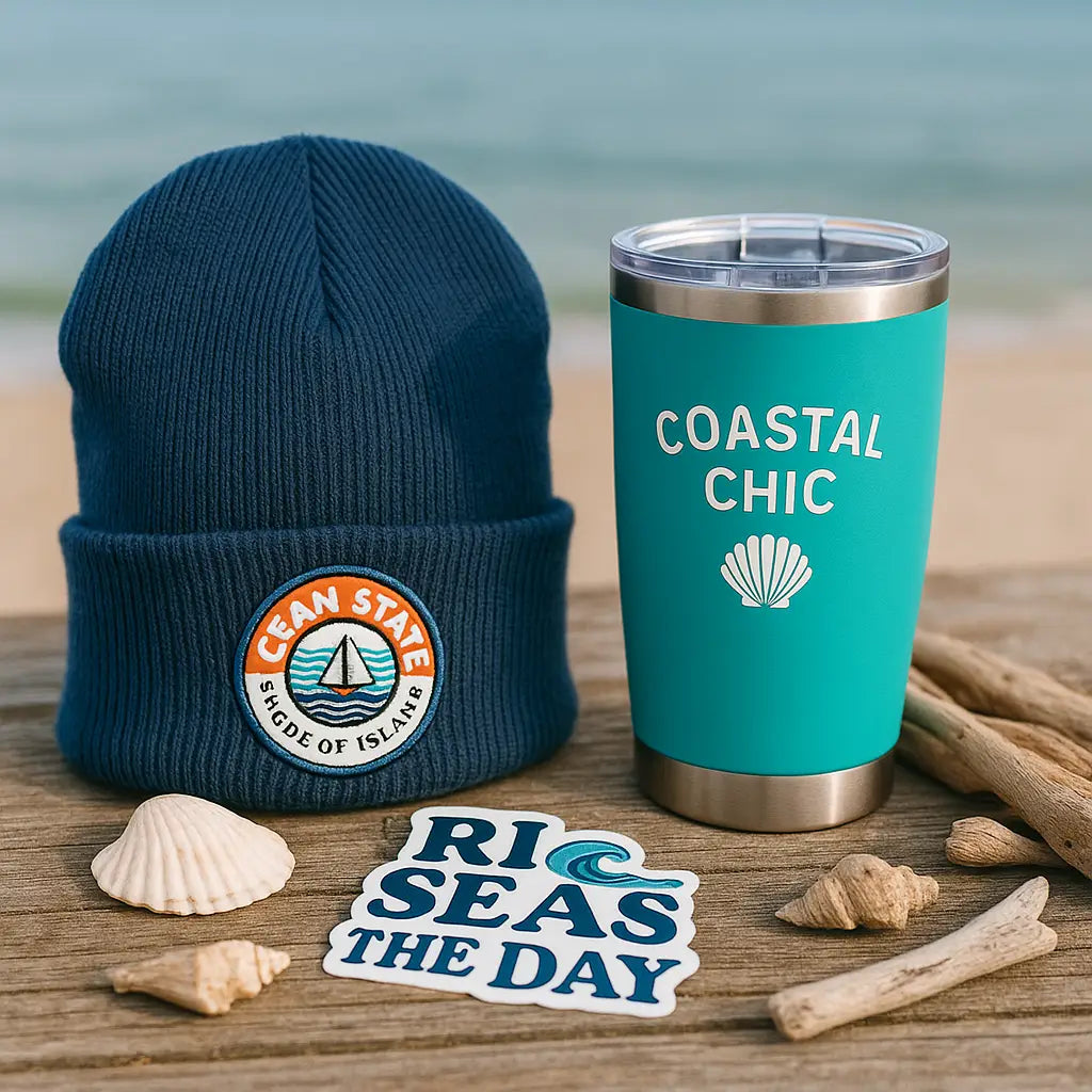 navy beanie, green tumbler, a sticker, and many shells sitting on driftwood on beach