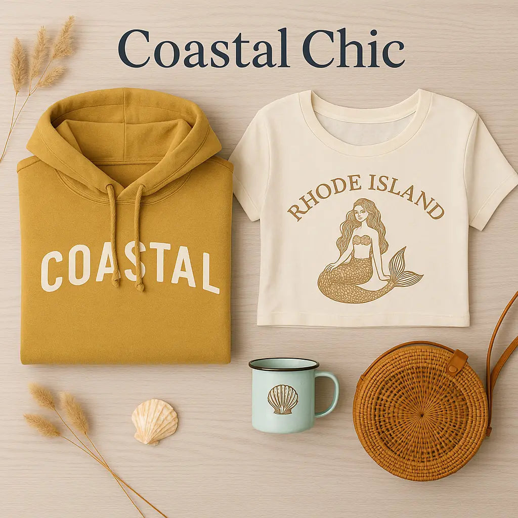 golden coastal hoodie, white mermaid shirt, some hay and coffee mug