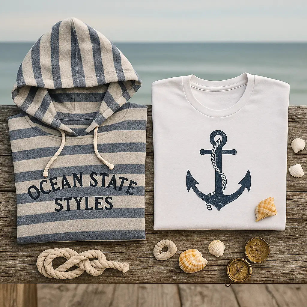 Rhode Island coastline, sailboats, Block Island ferry, lighthouse, golden-hour vibe.